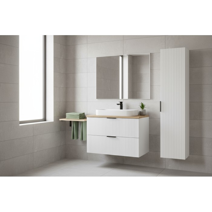 Ensemble de salle de bain NOXERA 60 cm – Meuble suspendu blanc alpin avec plan pour vasque chêne wotan et colonne murale
