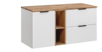 Ensemble de salle de bain NOXERA 140 cm – Meuble suspendu blanc alpin et chêne wotan avec plan vasque et étagères ouvertes