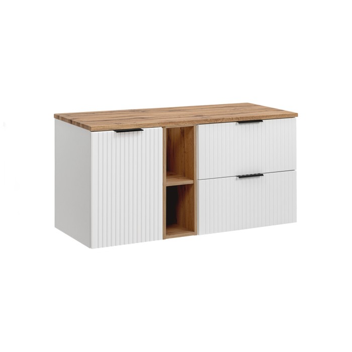 Ensemble de salle de bain NOXERA 140 cm – Meuble suspendu blanc alpin avec plan pour vasque chêne wotan, niches ouvertes et pani