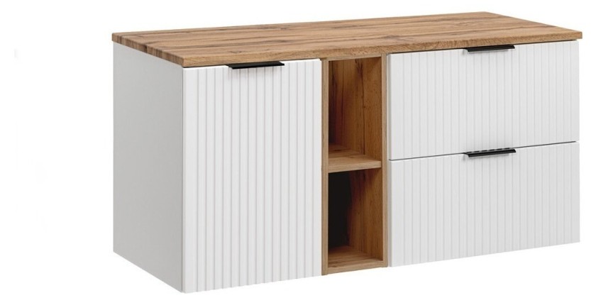 Ensemble de salle de bain NOXERA 140 cm – Meuble suspendu blanc alpin et chêne wotan avec plan vasque et étagères ouvertes