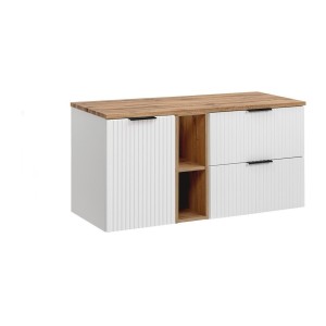 Ensemble de salle de bain NOXERA 140 cm – Meuble suspendu blanc alpin et chêne wotan avec plan vasque et étagères ouvertes