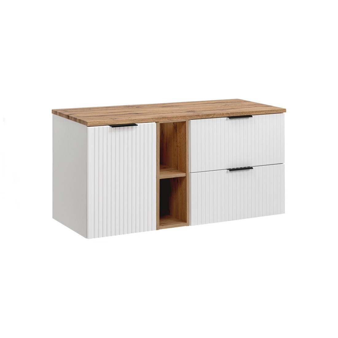 Ensemble de salle de bain NOXERA 140 cm – Meuble suspendu blanc alpin et chêne wotan avec plan vasque et étagères ouvertes