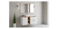 Ensemble de salle de bain NOXERA 140 cm – Meuble suspendu blanc alpin et chêne wotan avec plan vasque et étagères ouvertes