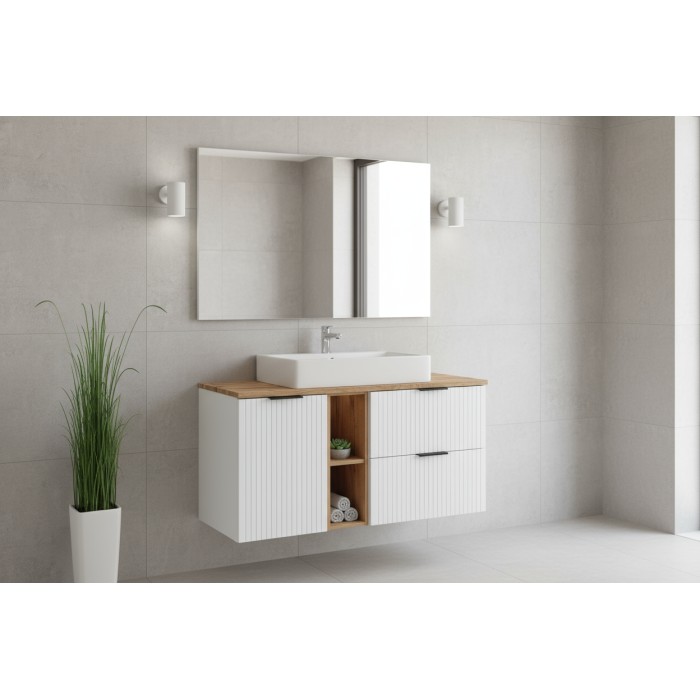 Ensemble de salle de bain NOXERA 140 cm – Meuble suspendu blanc alpin avec plan pour vasque chêne wotan, niches ouvertes et pani