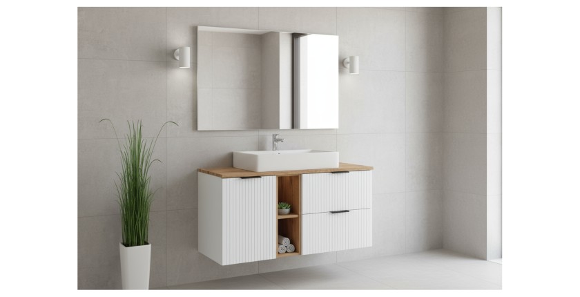 Ensemble de salle de bain NOXERA 140 cm – Meuble suspendu blanc alpin et chêne wotan avec plan vasque et étagères ouvertes