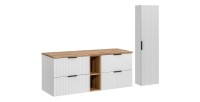 Ensemble de salle de bain NOXERA 140 cm – Meuble suspendu blanc alpin et chêne wotan avec double vasque, colonne murale et miroi