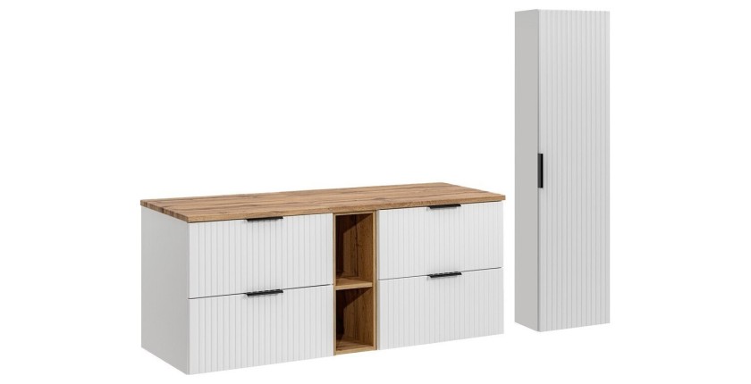Ensemble de salle de bain NOXERA 140 cm – Meuble suspendu blanc alpin et chêne wotan avec double vasque, colonne murale et miroi