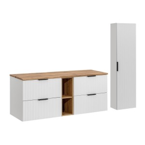 Ensemble de salle de bain NOXERA 140 cm – Meuble suspendu blanc alpin et chêne wotan avec double vasque, colonne murale et miroi