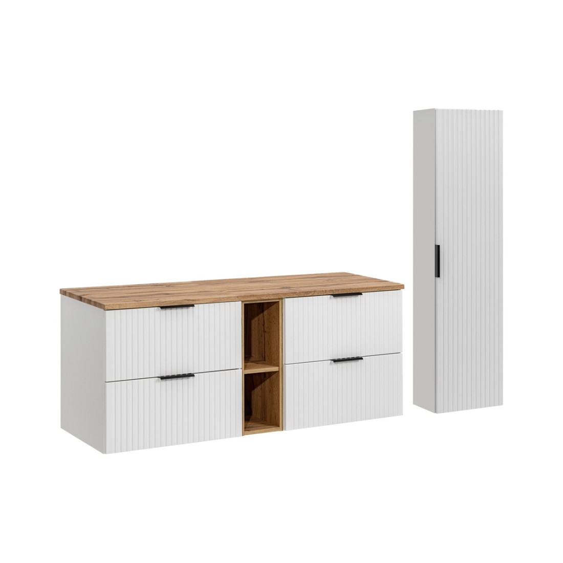 Ensemble de salle de bain NOXERA 140 cm – Meuble suspendu blanc alpin et chêne wotan avec double vasque, colonne murale et miroi