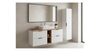 Ensemble de salle de bain NOXERA 140 cm – Meuble suspendu blanc alpin et chêne wotan avec double vasque, colonne murale et miroi