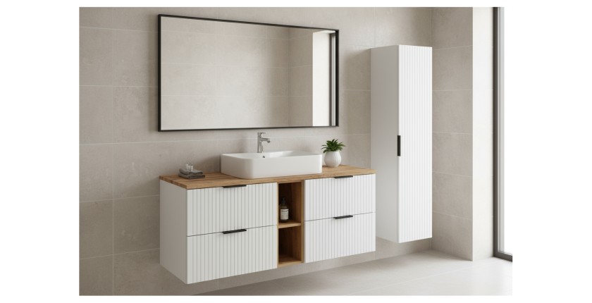 Ensemble de salle de bain NOXERA 140 cm – Meuble suspendu blanc alpin et chêne wotan avec double vasque, colonne murale et miroi