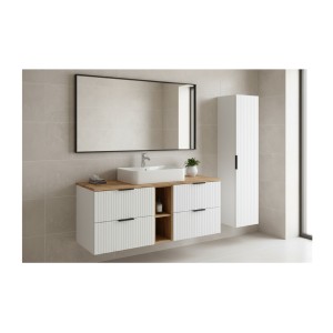 Ensemble de salle de bain NOXERA 140 cm – Meuble suspendu blanc alpin et chêne wotan avec double vasque, colonne murale et miroi
