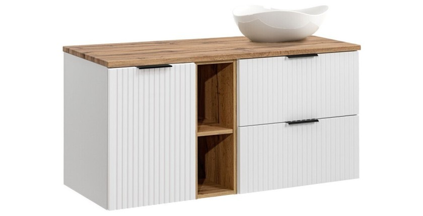 Ensemble de salle de bain NOXERA 120 cm – Meuble sous vasque suspendu blanc alpin et chêne wotan avec plan vasque et niches ouve