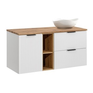 Ensemble de salle de bain NOXERA 120 cm – Meuble sous vasque suspendu blanc alpin et chêne wotan avec plan vasque et niches ouve