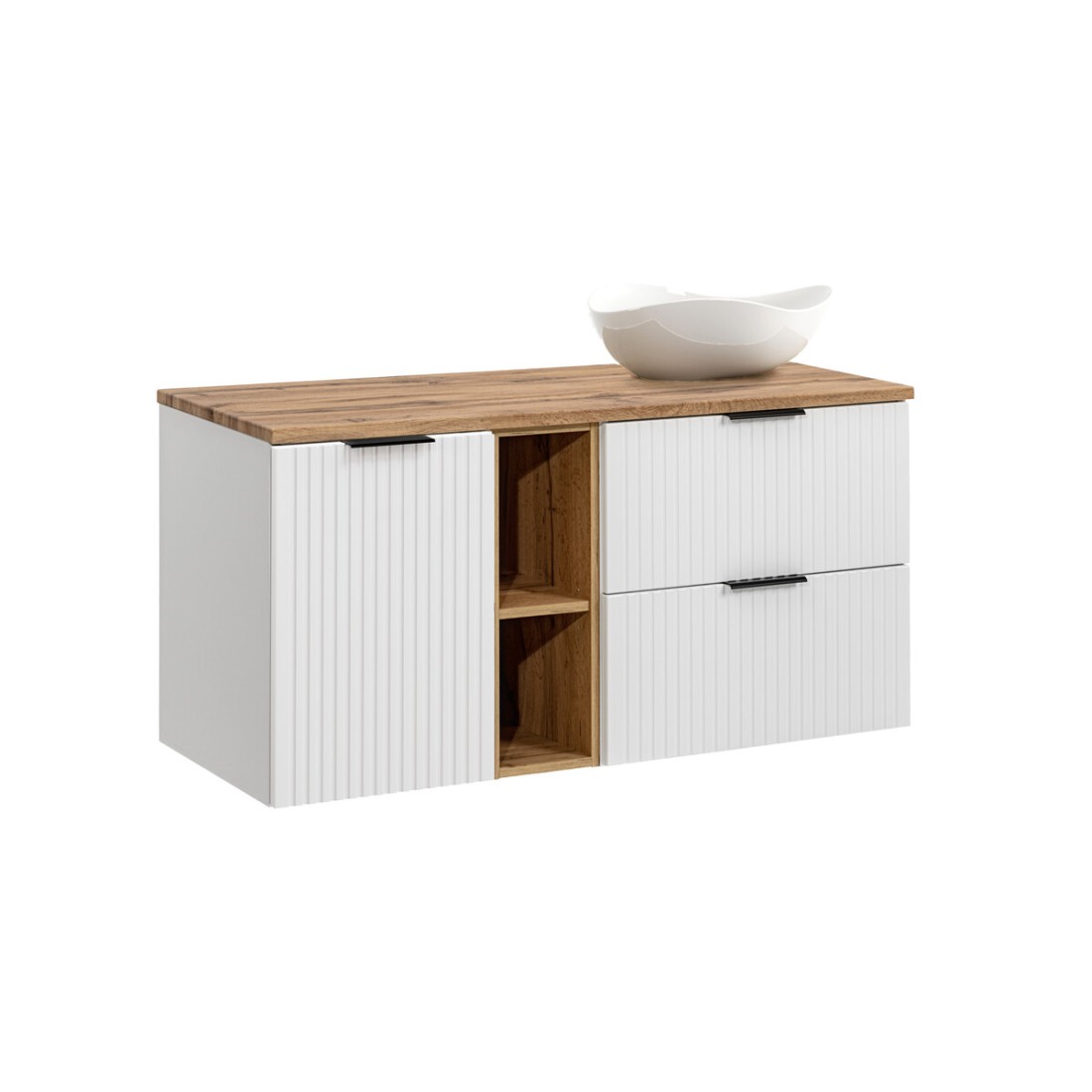 Ensemble de salle de bain NOXERA 120 cm – Meuble sous vasque suspendu blanc alpin et chêne wotan avec plan vasque et niches ouve