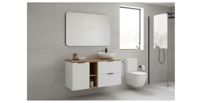Ensemble de salle de bain NOXERA 120 cm – Meuble sous vasque suspendu blanc alpin et chêne wotan avec plan vasque et niches ouve