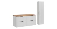 Ensemble de salle de bain NOXERA 120 cm – Meuble sous vasque suspendu blanc alpin et chêne wotan avec plan vasque et colonne mur