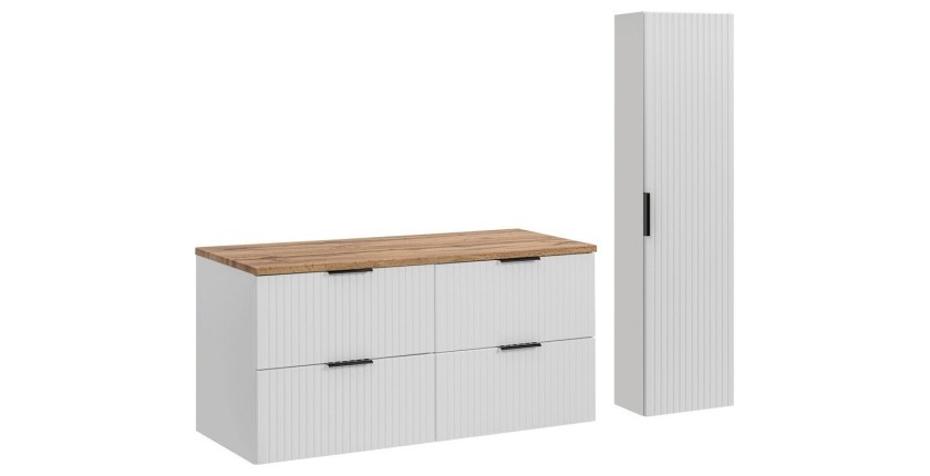 Ensemble de salle de bain NOXERA 120 cm – Meuble sous vasque suspendu blanc avec plan pour vasque chêne wotan et colonne murale