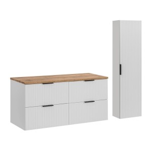 Ensemble de salle de bain NOXERA 120 cm – Meuble sous vasque suspendu blanc alpin et chêne wotan avec plan vasque et colonne mur