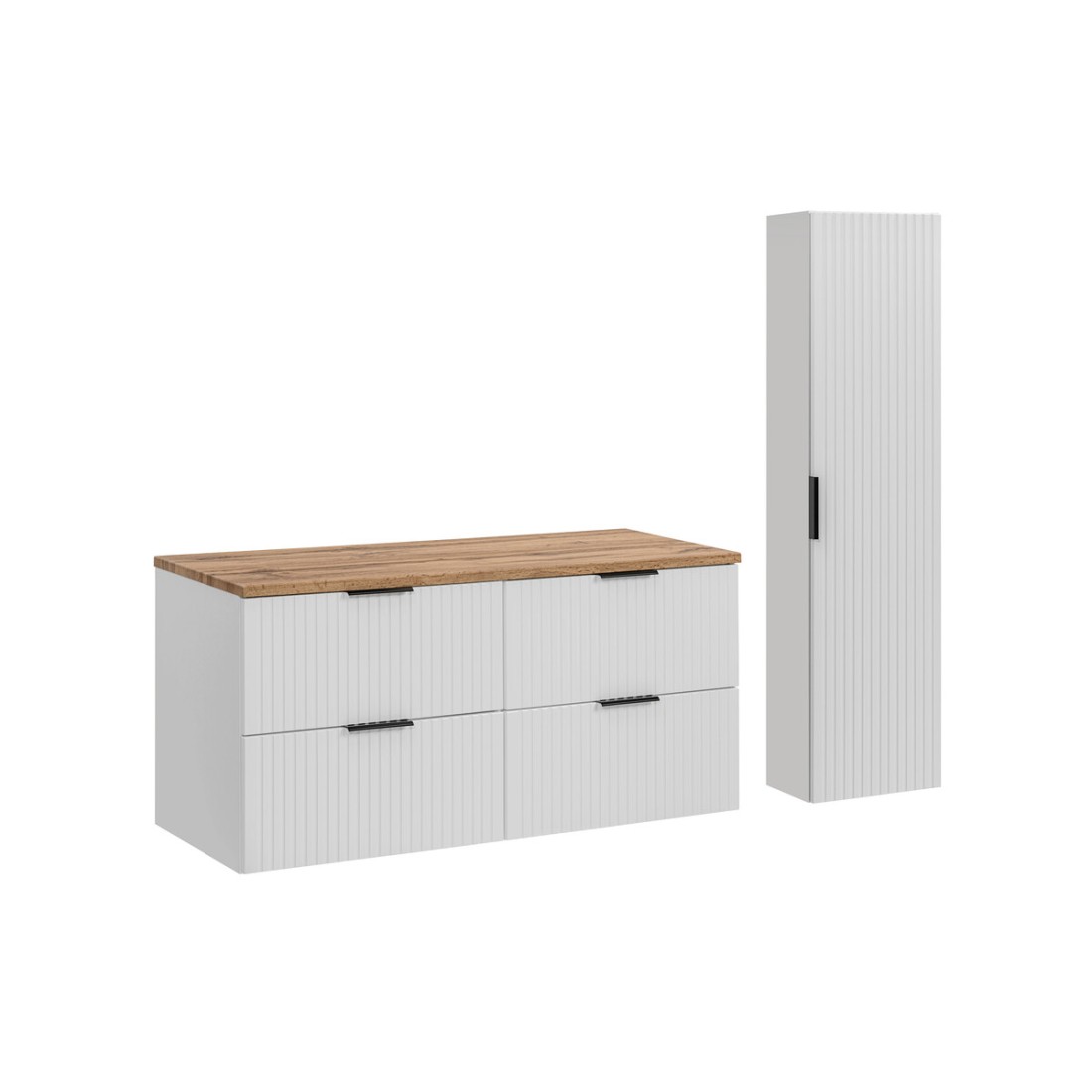 Ensemble de salle de bain NOXERA 120 cm – Meuble sous vasque suspendu blanc alpin et chêne wotan avec plan vasque et colonne mur