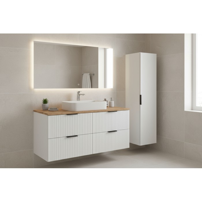 Ensemble de salle de bain NOXERA 120 cm – Meuble sous vasque suspendu blanc avec plan pour vasque chêne wotan et colonne murale