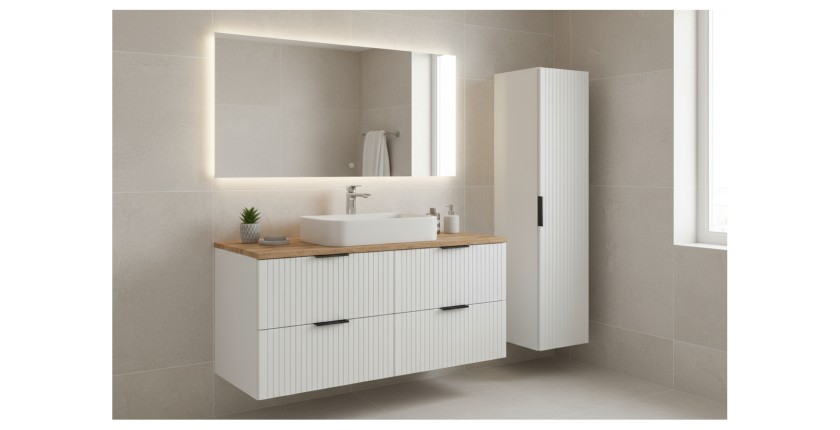 Ensemble de salle de bain NOXERA 120 cm – Meuble sous vasque suspendu blanc alpin et chêne wotan avec plan vasque et colonne mur