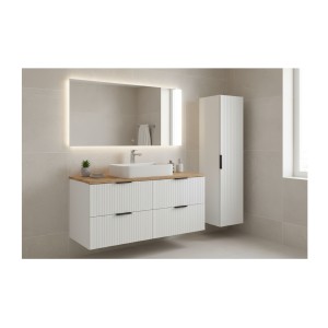 Ensemble de salle de bain NOXERA 120 cm – Meuble sous vasque suspendu blanc alpin et chêne wotan avec plan vasque et colonne mur