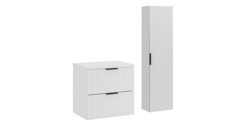 Ensemble de salle de bain NOXERA 60 cm – Meuble sous vasque suspendu blanc alpin mat avec plan pour vasque et colonne murale
