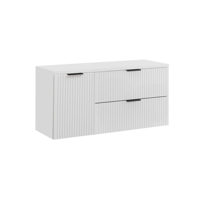 Ensemble de salle de bain NOXERA 120 cm – Meuble sous vasque suspendu blanc mat avec plan pour vasque et panier à linge