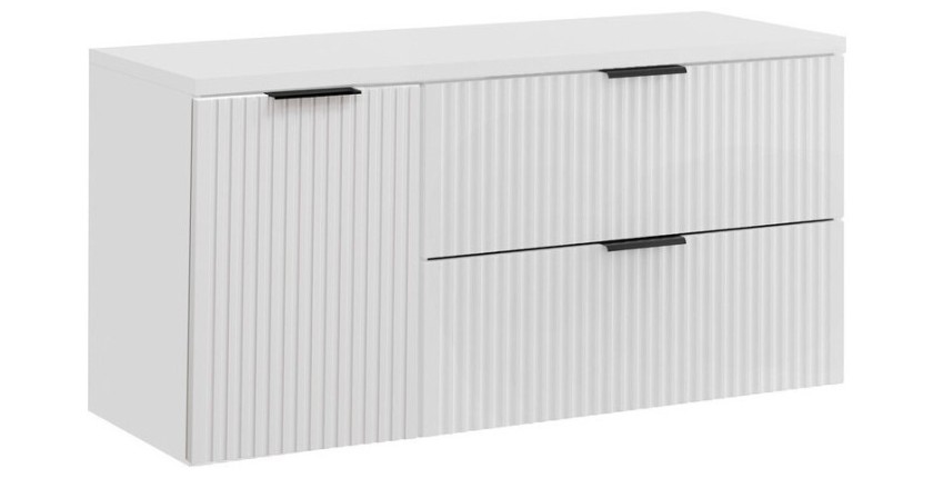 Ensemble de salle de bain NOXERA 120 cm – Meuble sous vasque suspendu blanc mat avec plan pour vasque et panier à linge