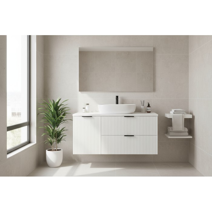 Ensemble de salle de bain NOXERA 120 cm – Meuble sous vasque suspendu blanc mat avec plan pour vasque et panier à linge