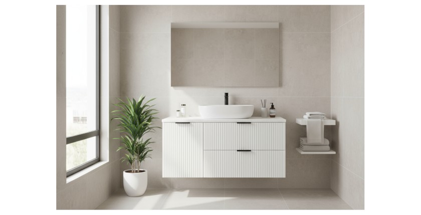 Ensemble de salle de bain NOXERA 120 cm – Meuble sous vasque suspendu blanc mat avec plan pour vasque et panier à linge