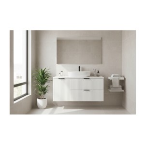 Ensemble de salle de bain NOXERA 120 cm – Meuble sous vasque suspendu blanc mat avec plan pour vasque et panier à linge
