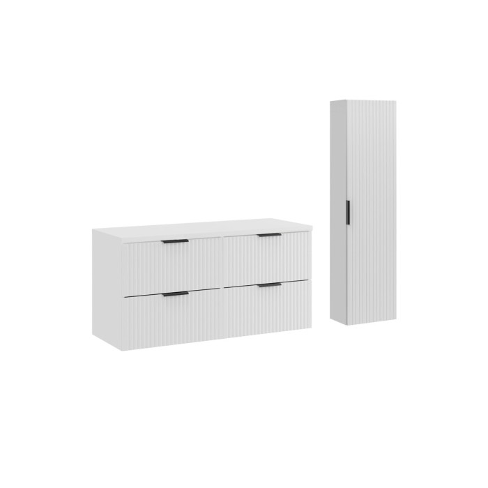 Ensemble de salle de bain NOXERA 120 cm – Meuble sous vasque suspendu blanc mat avec plan pour vasque et colonne