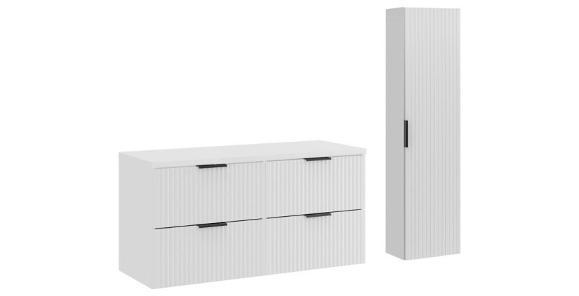 Ensemble de salle de bain NOXERA 120 cm – Meuble sous vasque suspendu blanc alpin mat avec plan vasque, colonne et miroir LED