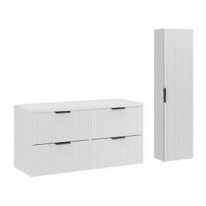 Ensemble de salle de bain NOXERA 120 cm – Meuble sous vasque suspendu blanc alpin mat avec plan vasque, colonne et miroir LED