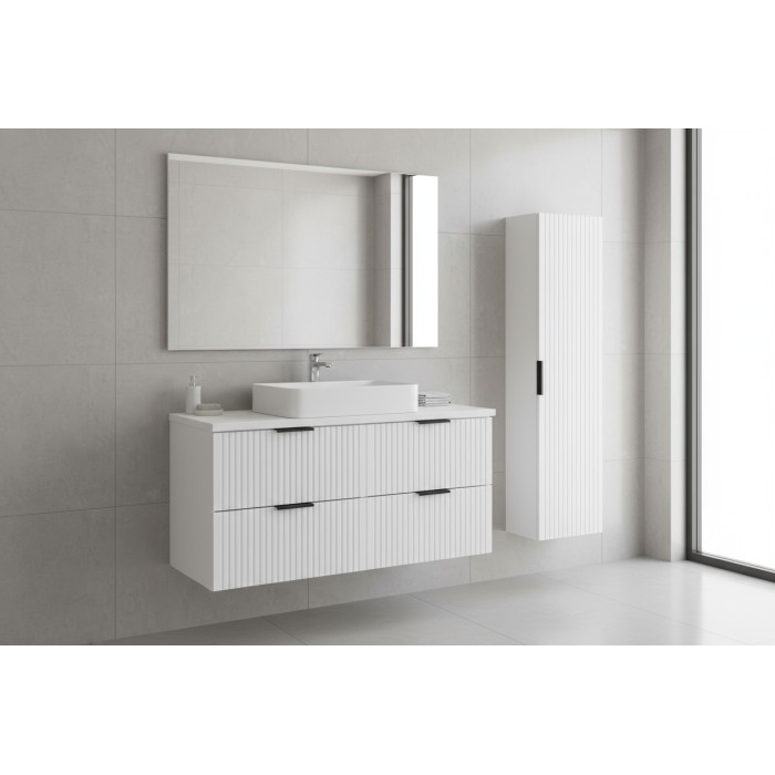 Ensemble de salle de bain NOXERA 120 cm – Meuble sous vasque suspendu blanc mat avec plan pour vasque et colonne
