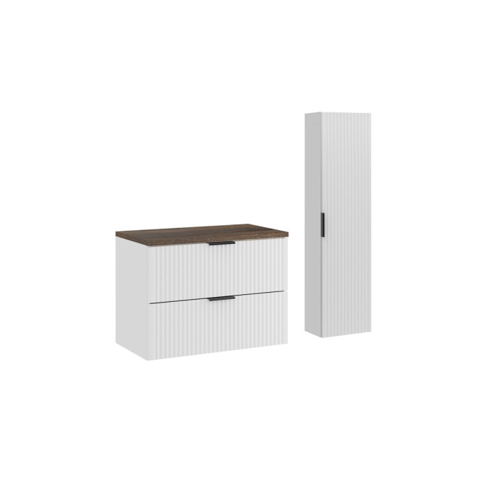 Ensemble de salle de bain NOXERA 80 cm – Meuble sous vasque suspendu blanc avec plan pour vasque effet bois épicéa et colonne