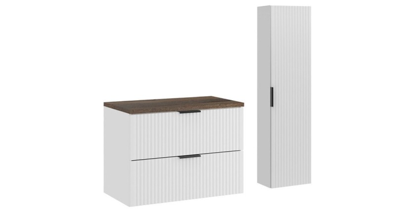 Ensemble de salle de bain NOXERA 80 cm – Meuble sous vasque suspendu blanc avec plan pour vasque effet bois épicéa et colonne