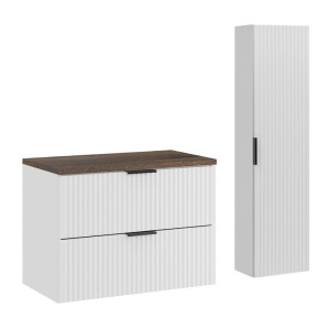 Ensemble de salle de bain NOXERA 80 cm – Meuble sous vasque suspendu blanc avec plan pour vasque effet bois épicéa et colonne