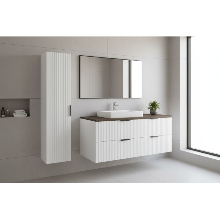 Ensemble de salle de bain NOXERA 80 cm – Meuble sous vasque suspendu blanc avec plan pour vasque effet bois épicéa et colonne