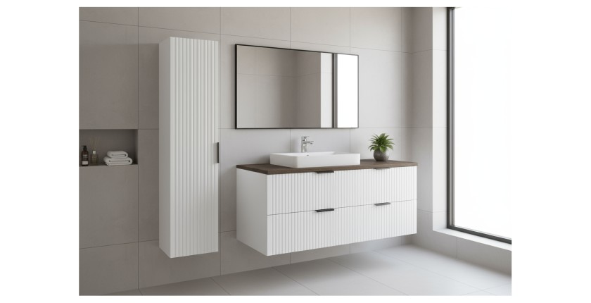 Ensemble de salle de bain NOXERA 80 cm – Meuble sous vasque suspendu blanc avec plan pour vasque effet bois épicéa et colonne