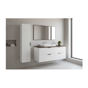 Ensemble de salle de bain NOXERA 80 cm – Meuble sous vasque suspendu blanc avec plan pour vasque effet bois épicéa et colonne