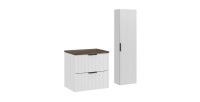 Ensemble de salle de bain NOXERA 60 cm – Meuble sous vasque suspendu blanc alpin effet bois épicéa avec plan vasque et colonne