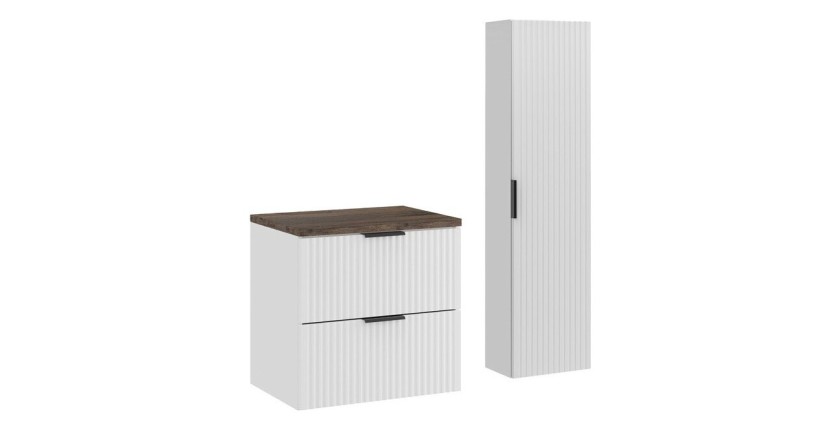 Ensemble de salle de bain NOXERA 60 cm – Meuble sous vasque suspendu blanc alpin effet bois épicéa avec plan vasque et colonne
