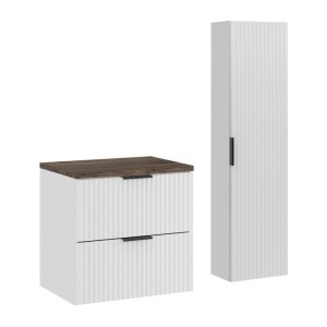 Ensemble de salle de bain NOXERA 60 cm – Meuble sous vasque suspendu blanc avec plan pour vasque effet bois épicéa et colonne