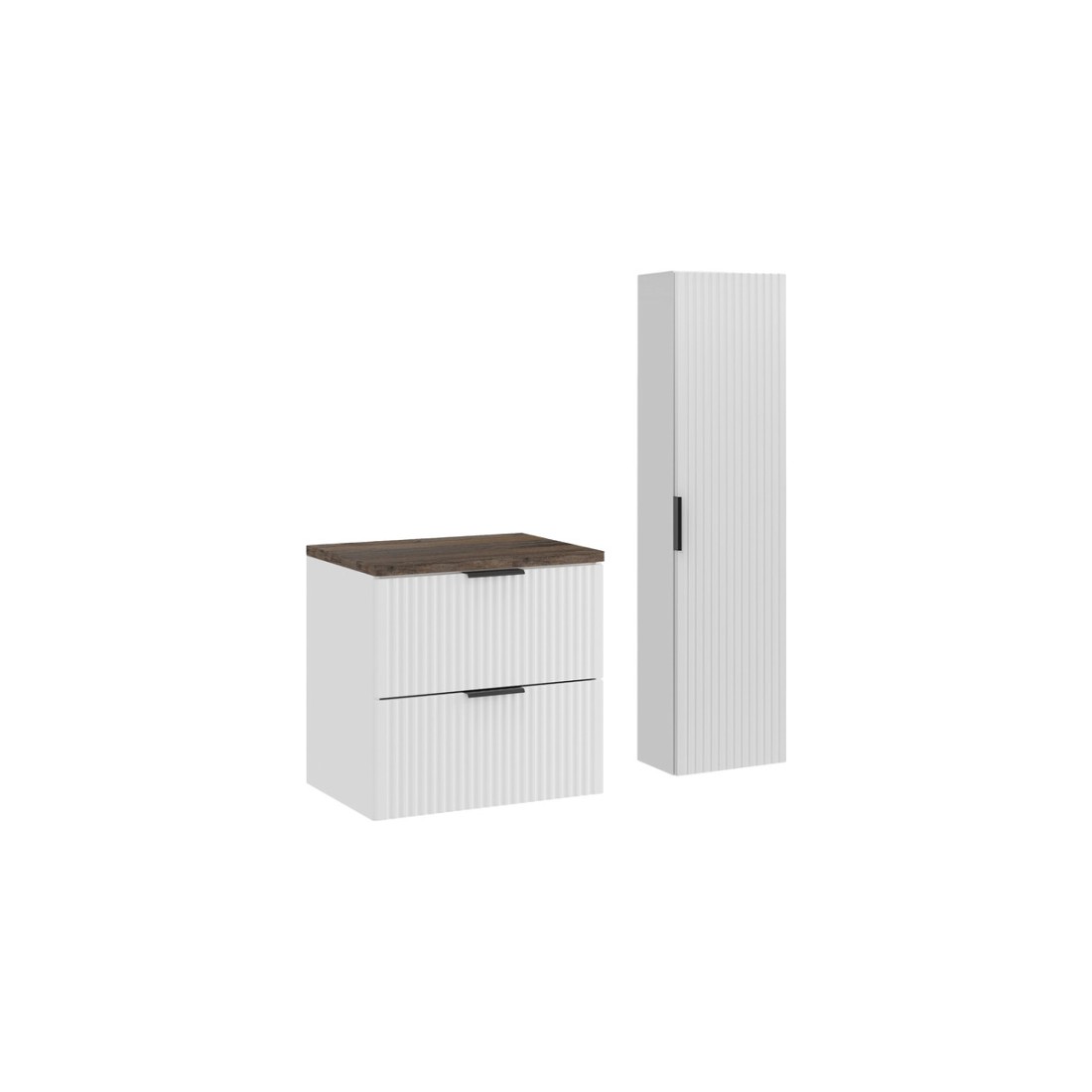 Ensemble de salle de bain NOXERA 60 cm – Meuble sous vasque suspendu blanc avec plan pour vasque effet bois épicéa et colonne