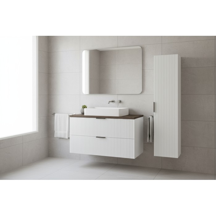 Ensemble de salle de bain NOXERA 60 cm – Meuble sous vasque suspendu blanc avec plan pour vasque effet bois épicéa et colonne