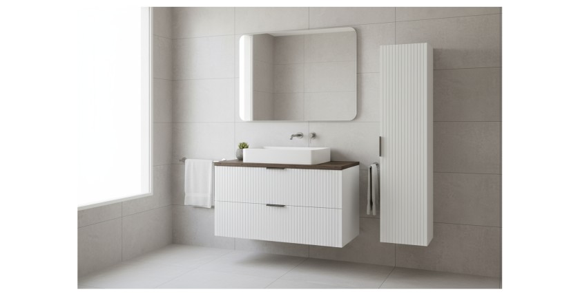 Ensemble de salle de bain NOXERA 60 cm – Meuble sous vasque suspendu blanc alpin effet bois épicéa avec plan vasque et colonne