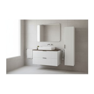 Ensemble de salle de bain NOXERA 60 cm – Meuble sous vasque suspendu blanc avec plan pour vasque effet bois épicéa et colonne